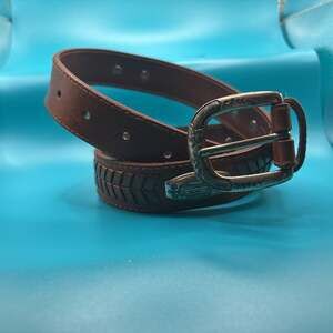 34” Vintage Fossil Brown Leather Western Boho Belt w Silver Concho Medallions